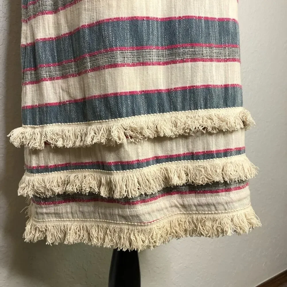 Anthropologie Holding Horses cream chambray blue pink fringe trim dress size 12